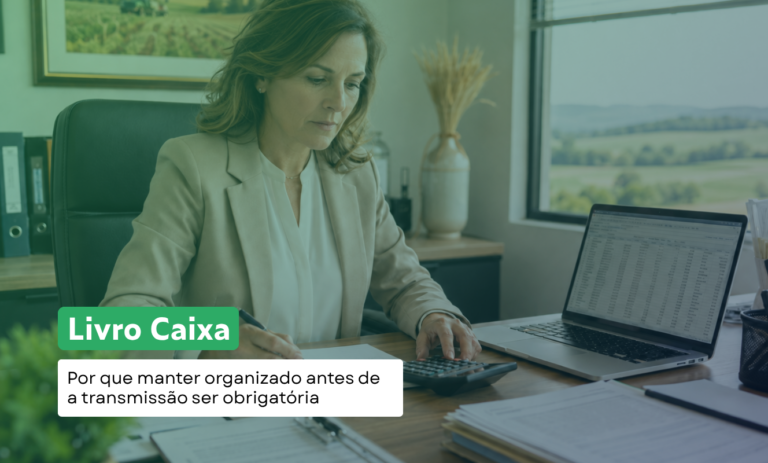 Contadora analisa documentos e usa uma calculadora ao lado do notebook, em escritório com vista para o campo. Texto: “Livro Caixa: por que manter organizado antes de a transmissão ser obrigatória”.